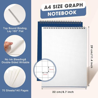 Engrowtic 2 Pack Top Spiral Graph Paper Notebooks 8.7 X11.4 Inch A4 Grid Paper Notepad 70 Sheet Memo Steno Pad for Engineering Writing Sketching Drawing School Office Supplies (Dark Blue) - color: Dark Blue