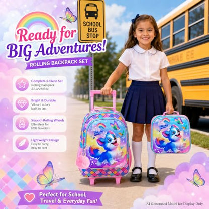 KLFVB Girls Bookbag with Wheels, 3PCS Kids Roller Backpack with Lunch Bag, Wheeled School Bag for Children - Dog - color: Upgraded UV Printing Dog Pink Rolling Backpack