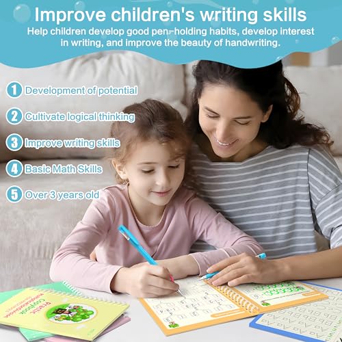 WANFRES Magic grooved Writing Practice Books Great for Beginners, 5 Books, 2 pens, 2 Pencil Grips, 20 Refills. grooved Handwriting Practice for Kids 3-10, Reusable grooved Handwriting workbooks. - color: 5 books with pen