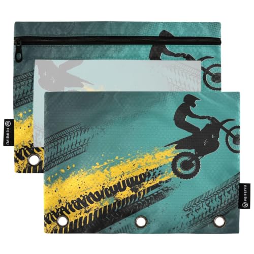 Gredecor 3 Ring Binder Pencil Pouch, Motorcycle Off -Road Zippered Pen Case Pouches with Clear Window, 2 Pack Stylish Office & School Supplie - color: Motorcycle Off -Road