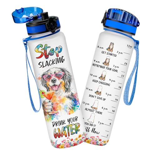 Bernese Mountain Dog Water Bottle 32oz with Time Marker, Flip Lid & Carry Strap, Motivational Water Tracker Bottle for Daily Hydration, Reusable Plastic Sports Bottle, Gifts for Dog Lovers - color: Color Dog