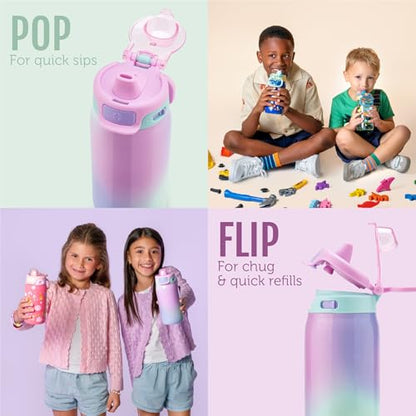 Ello Kids Pop & Fill 12oz Toddler Water Bottle with Quick Fill Lid, Double-Wall Vacuum Insulated Stainless Steel, Leak Proof, BPA Free, Sip & Chug, For School, Lunchboxes, To the Rescue - color: To the Rescue, size: 18 Ounces