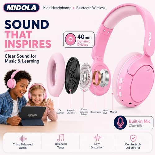 MIDOLA Kids Bluetooth Headphones Active Noise Cancelling,68H Play Time,Lightweight Wireless Foldable Over-Ear Headphone for Kid Toddler,Volume Limited 85/94dB,Headsets with Built-in Mic Pink - color: Pink