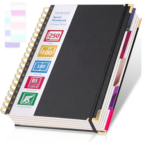 College Ruled Notebook, Spiral Notebook 8.5" x 11", Leather Hardcover Notebook Journal for Women Men, 5 Subject Notebook with Dividers, Journaling Notebooks for Work School, Large Lined Journal, Black - color: Black, size: 8.5" x 11"
