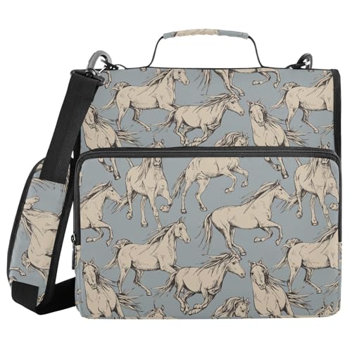 Horse Blue Beige Zipper Binder Bag 3 Ring with Shoulder Strap Zippered Binder Fits 13 Inch Laptop File Folder Document Organizer for College Office Supplies - color: Horse Blue Beige