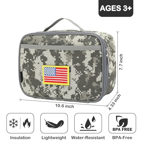 FlowFly Kids Lunch box Insulated Soft Bag Mini Cooler Back to School Thermal Meal Tote Kit for Girls, Boys, Free USA Flag Patch Included - color: Digital Camo with Flag