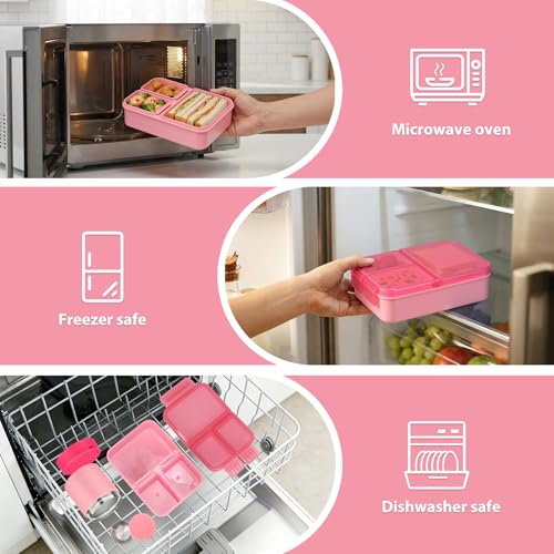 HWONMTE Bento Lunch Snack Boxes Set for Kids Reusable Food Containers with Insulated Lunch Bag, Sauce Box,Removable Dividers for Toddler Girls Boys Teens to School,Travel - color: Pink Set