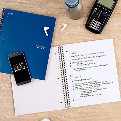 Five Star Spiral Notebook + Study App, 5 Subject, College Ruled Paper, 8-1/2" x 11", 200 Sheets, Fights Ink Bleed, Water Resistant Cover, Pacific Blue (73635) 1 Count (Pack of 6) - color: Blue, size: 1 Count (Pack of 6)