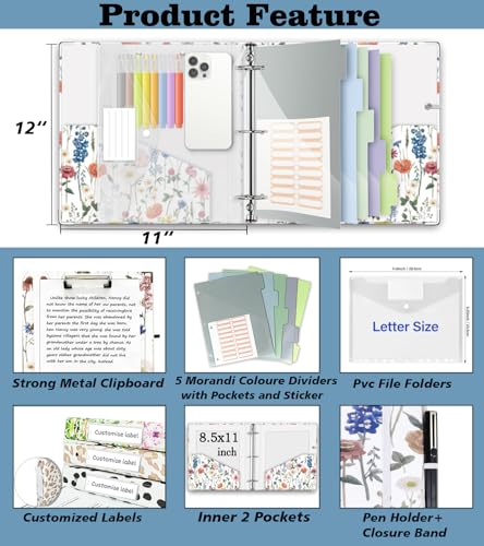 3 Ring Binder 2 Inch for 8.5"x11" Paper, Three Ring Binders with Clipboard, 5 Dividers with Tabs and Pockets, Plastic Folder, 18 Divider Stikers,Cute Binder with Pen Holder,Blue Bloom - color: Blue Bloom, size: 2in（Letter Size）