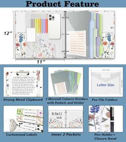 3 Ring Binder 2 Inch for 8.5"x11" Paper, Three Ring Binders with Clipboard, 5 Dividers with Tabs and Pockets, Plastic Folder, 18 Divider Stikers,Cute Binder with Pen Holder,Blue Bloom - color: Blue Bloom, size: 2in（Letter Size）