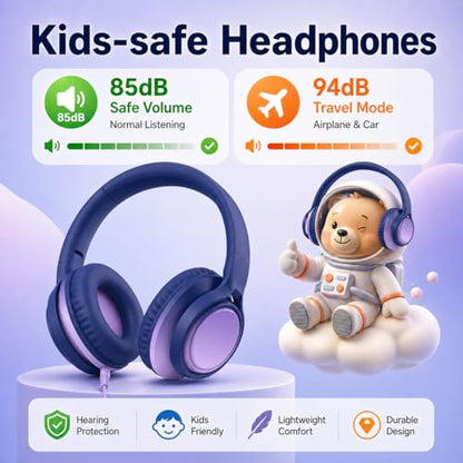 Kids Wired Over-Ear Headphones with Microphone, 3.5mm Jack with USB-C Adapter, Comfortable Headset for Online Learning, School, Tablet, Phone – Galaxy Gradient - color: Midnight Blue