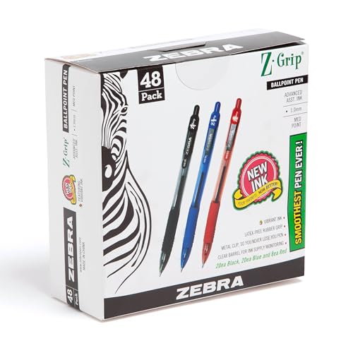 Zebra Pen Z-Grip Retractable Ballpoint Pen, Smooth-Flowing Black/Blue/Red Ink, 1.0mm Medium Point, School & Office Supplies, Ideal for Note-Taking, Journal and Planner Use, 48-Pack (22048) - color: Business C