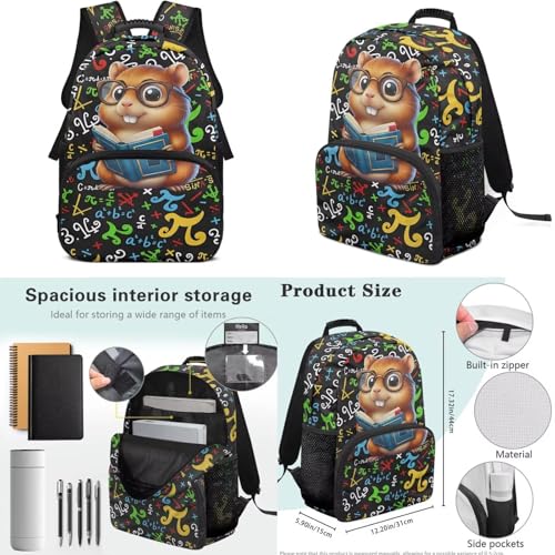 17 Inch School Backpack for Kids, Cute Hamste Print 4PCS Set Elementary Bookbag with Lunch Bag Pencil Case Water Bottle Holder for 6-11 Years, Back to School Supplies - color: Cute Hamste