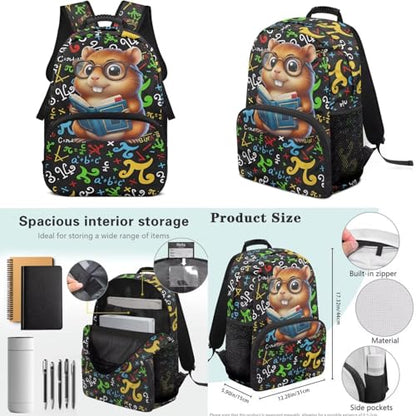 17 Inch School Backpack for Kids, Cute Hamste Print 4PCS Set Elementary Bookbag with Lunch Bag Pencil Case Water Bottle Holder for 6-11 Years, Back to School Supplies - color: Cute Hamste