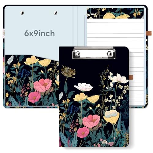 A5 Clipboard Folio 6x9in Refillable for School, Wild Flowers | No-spiral reusable notepad portfolio with sturdy cardboard cover, Travel-friendly for work, school and office - color: Wild Flowers