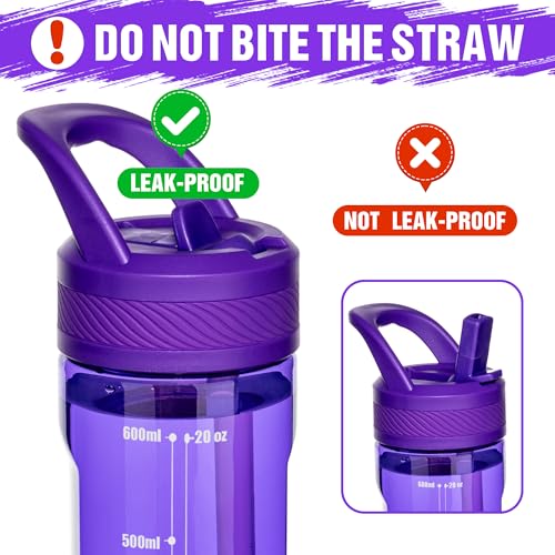 OLDLEY 20oz Kids Water Bottle with Straw, BPA-Free Tritan Water Bottle for School, Leakproof Clear Water Bottle with One Click Open, Measurement Scale, Cup Holder Friendly for Boys Girls,Deep Purple - color: Deep Purple