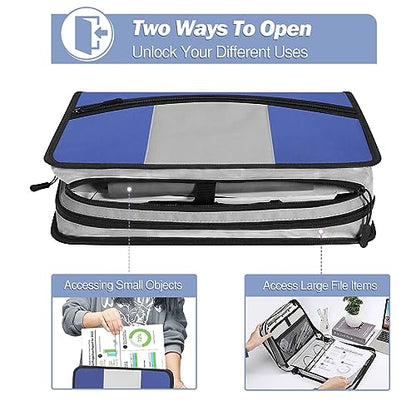 MoKo Zipper Binder with Strap, 3 Inch 3 O Ring, 600 Sheets, Blue & Gray | Water-repellent nylon with 2 folders, 2 mesh pockets and a outer pockets, reinforced handle and adjustable shoulder strap. - color: Blue