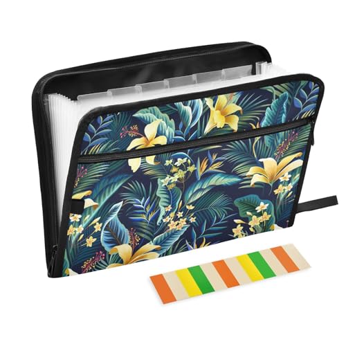 Hibiscus Plumeria Palm File Folders,Plastic Folders with 13 Pockets,Expandable File Folder for Documents School Students Office,Aesthetic Folder with Labels A4 Letter Size - color: Multi 26