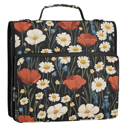 Poppy and Daisy Flowers Black Zipper Binder 3 Ring 1.5 Inch School Binder Organizer with Shoulder Strap Handle File Folder Pockets Large Capacity Students Girl Boy Men Office Work - color: Poppy and Daisy Flowers Black