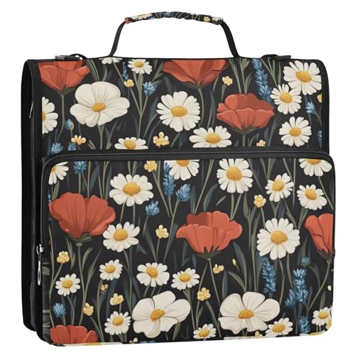 Poppy and Daisy Flowers Black Zipper Binder 3 Ring 1.5 Inch School Binder Organizer with Shoulder Strap Handle File Folder Pockets Large Capacity Students Girl Boy Men Office Work - color: Poppy and Daisy Flowers Black