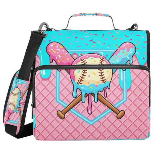 Gredecor 3 D-Ring Zipper Binder 1.5 IN Waterproof Cyan Pink Ice Cream Drip Baseball Binder with Zipper Shoulder Strap, Multi-Pockets Organizer Bag for School & Office Supplies, Storage 500 Sheets Capa - color: Cyan Pink Ice Cream Drip Baseball
