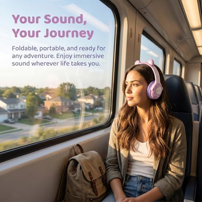 [65H Playtime] Cute Animal Ear Kids Bluetooth Headphones for Girls Women, Wireless Headphones with Microphone, Foldable Over-Ear Headset for School Travel, Purple - color: Purple