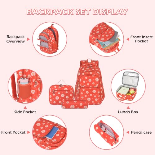 Glodwheat Daisy Printed Backpack For Girls- 3Pc Set With Lunch Box & Pencil Case, Lightweight Water-Resistant Bookbag For Elementary School - color: Orange