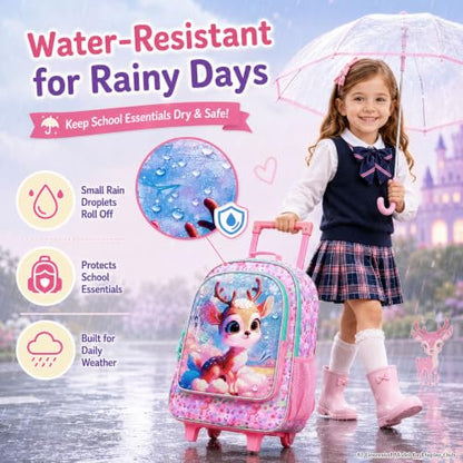 AGSDON 3PCS Kids Rolling Backpack, Girls Roller Wheels Bookbag, Wheeled Elementary School Bag with Lunch Bag - Deer - color: Baiyun Deer Roller
