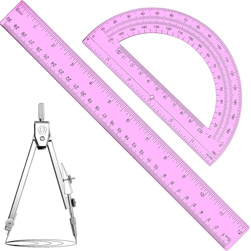 Zonon 3 Pcs Plastic Ruler 6 Inch Protractor Drawing Compass Set, Student Geometry Math Transparent Measuring Tools for Home School Classroom Office Supplies(12 Inch,Pink) - color: Pink, size: 12 Inch