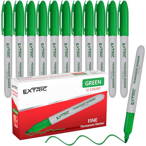 EXTRIC Permanent Markers Green, 12 Count Fine Point Markers, Quick Drying, Works on wood, Paper, Plastic, Metal and Glass, for Home, Office and School - color: Green, size: 12 Count (Pack of 1)