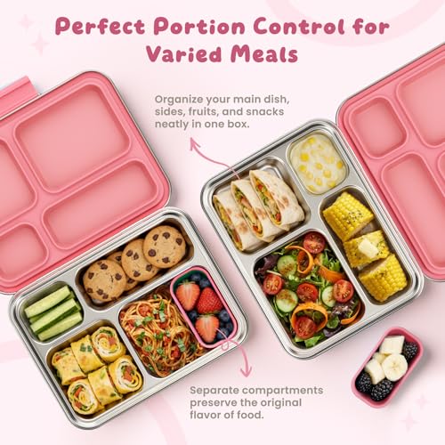 Stainless Steel Bento Box, 4-Compartment Metal Lunch Box with Removable Silicone, Lunch Container for Kids & Adults with Silicone Inner Container, School, Office, Dishwasher Safe(Pink) - color: Pink