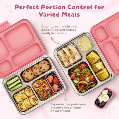 Stainless Steel Bento Box, 4-Compartment Metal Lunch Box with Removable Silicone, Lunch Container for Kids & Adults with Silicone Inner Container, School, Office, Dishwasher Safe(Pink) - color: Pink