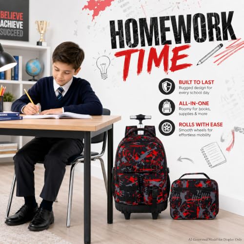 WZLVO 3PCS Boys Rolling Backpack, Water Resistance Roller Bookbag, Wheeled School Bag Set with Lunch Box & Pencil Bag for Teens & Kids - Spray Painted Red - color: 3PCS Boys Rolling Backpack - Spray Painted Red