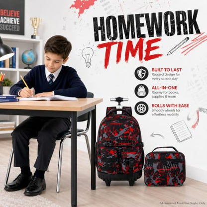 WZLVO 3PCS Boys Rolling Backpack, Water Resistance Roller Bookbag, Wheeled School Bag Set with Lunch Box & Pencil Bag for Teens & Kids - Spray Painted Red - color: 3PCS Boys Rolling Backpack - Spray Painted Red