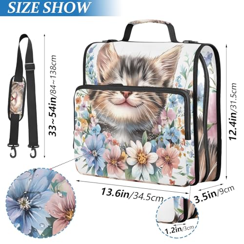 3 Ring Zipper Binder with Shoulder Strap, 500 Sheets Capacity, Multi-Pocket Organizer for School/Office, 1.5 Inch D-Rings Zip Binder (Cute Kawaii Cat)