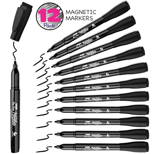 Scribbledo 12 Pack Magnetic Dry Erase Markers Black Fine Tip Whiteboard Markers with Eraser Cap Thin Low Odor Skinny White Board Markers for Adults Students Teachers Art Home School & Office - style: 12 Pack