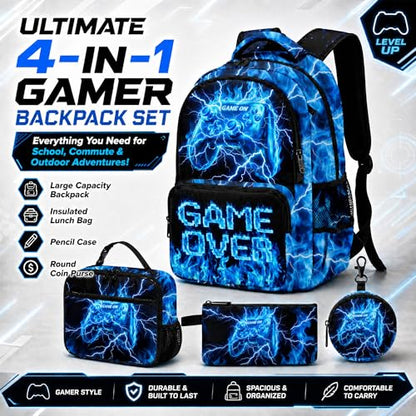 Game Backpack Set for Boys Kids – 17" Large Capacity Gaming School Bag with Lunch Box, Pencil Bag and Coin Purse (Blue) - color: Blue-1