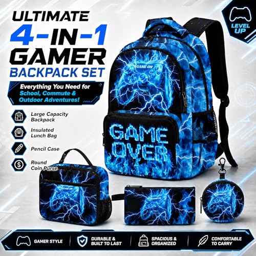 Game Backpack Set for Boys Kids – 17" Large Capacity Gaming School Bag with Lunch Box, Pencil Bag and Coin Purse (Blue) - color: Blue-1