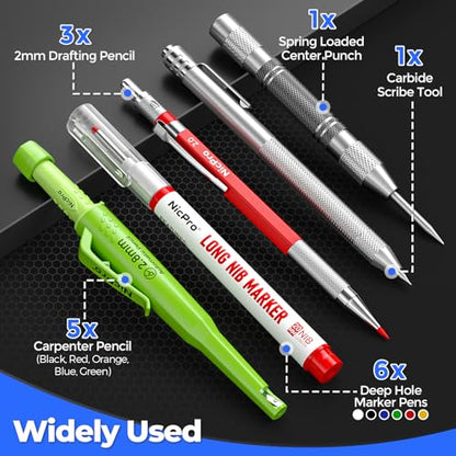 Nicpro 44Pcs Carpenter Pencil with Sharpener, Carpenter Tool in Canvas Case | 169 Refill,Carpenter Pencil Set with 6 Deep Hole Long Nib Marker Pen, Scribe Tool, Construction Pencils for Architect Marking - size: 44 Pack