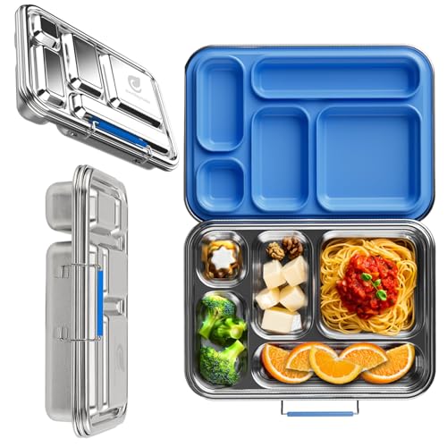 Stainless Steel Bento Box for Adults, 5 Compartment Leak-Resistant Lunch Box, Removable Silicone Seal, Snap Latch Lid, 4 Cup Metal Food Container with Utensil Section, Cerulean Blue