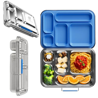 Stainless Steel Bento Box for Adults, 5 Compartment Leak-Resistant Lunch Box, Removable Silicone Seal, Snap Latch Lid, 4 Cup Metal Food Container with Utensil Section, Cerulean Blue
