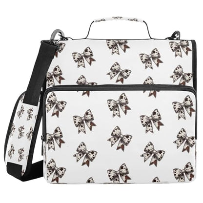 Cow Print Bows Zippered Binder Bag with Handle and Shoulder Strap, 1.5 inch 3 Ring D Ring Expanding File Folder Waterproof Multiple Pockets Organizer Binder