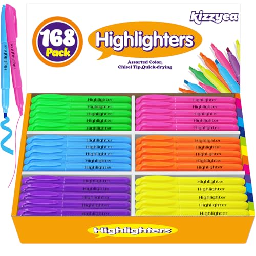 KIZZYEA 168 Pack Highlighters in 6 Assorted Colors, Chisel Tip Dry-Quickly Highlighters Bulk, No Bleed Highlighter Markers for Adult Kids, Office Classroom Must Have, School Supplies for Teachers