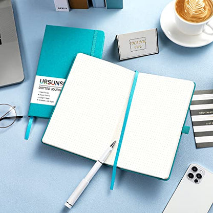Dotted Journal/Notebook - Dot Grid Hard Cover Notebook, Premium Thick Paper with Fine Inner Pocket, Black Smooth Faux Leather, Pen Loop, 5.3'' x 8.26'' - Cyan - color: Cyan, size: Dotted