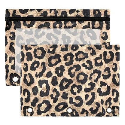 Cheetah Brown Golden Binder Pouches 3 Ring for Boys Girls School Office College Supplies Leopard Black Pencil Pouches Case Bag with Clear Window and Zipper 2 Pack - color: Leopard