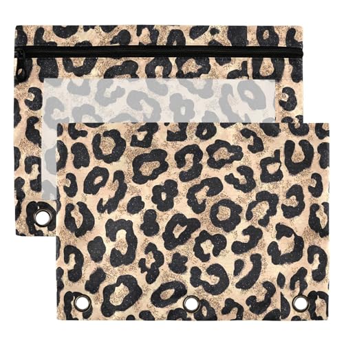 Cheetah Brown Golden Binder Pouches 3 Ring for Boys Girls School Office College Supplies Leopard Black Pencil Pouches Case Bag with Clear Window and Zipper 2 Pack - color: Leopard