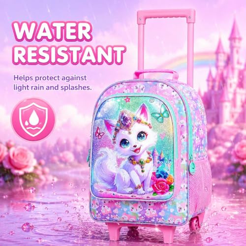 3Pcs Rolling Backpack for Girls, Fox Kids School Backpacks with Wheels, Roller Bookbag with Lunch Box for Elementary Preschool(White) - color: Fox Pink