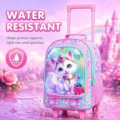 3Pcs Rolling Backpack for Girls, Fox Kids School Backpacks with Wheels, Roller Bookbag with Lunch Box for Elementary Preschool(White) - color: Fox Pink