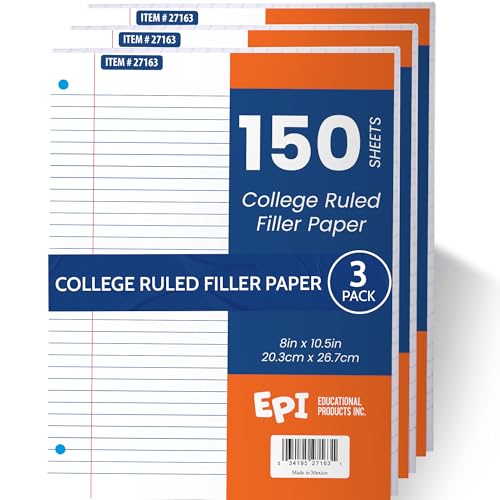 EPI Filler Paper | College Ruled | Loose Leaf, 3-Hole Punched, 10.5 x 8 in, 150 Sheets | School, Office, Notes, Binder Refill - 3 Pack - color: College Ruled, size: 3 Pack