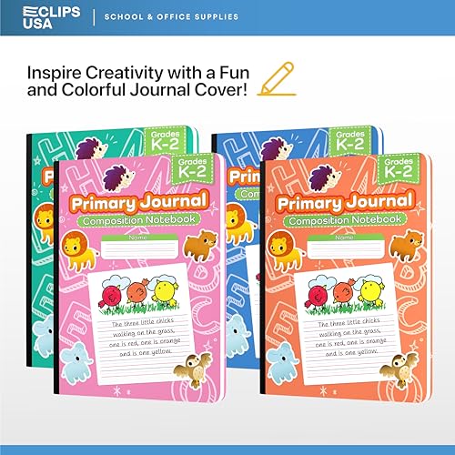 E-CLIPS USA Primary Composition Notebook K-2 Primary Ruled Composition Book Primary Writing Journal Bulk Grades K-2 Story Composition Notebooks For Kids 100 Sheets 200 Pages 7.5" x 9.75" (4 Pack) - size: 4 Pack
